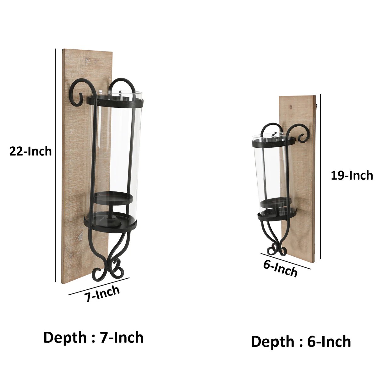 Industrial Wall Mount Hurricane Candle Holders Set of 2 - Black Wood & Glass - Rustic Farmhouse Decor - Modern Candle Lantern - 2 Sizes