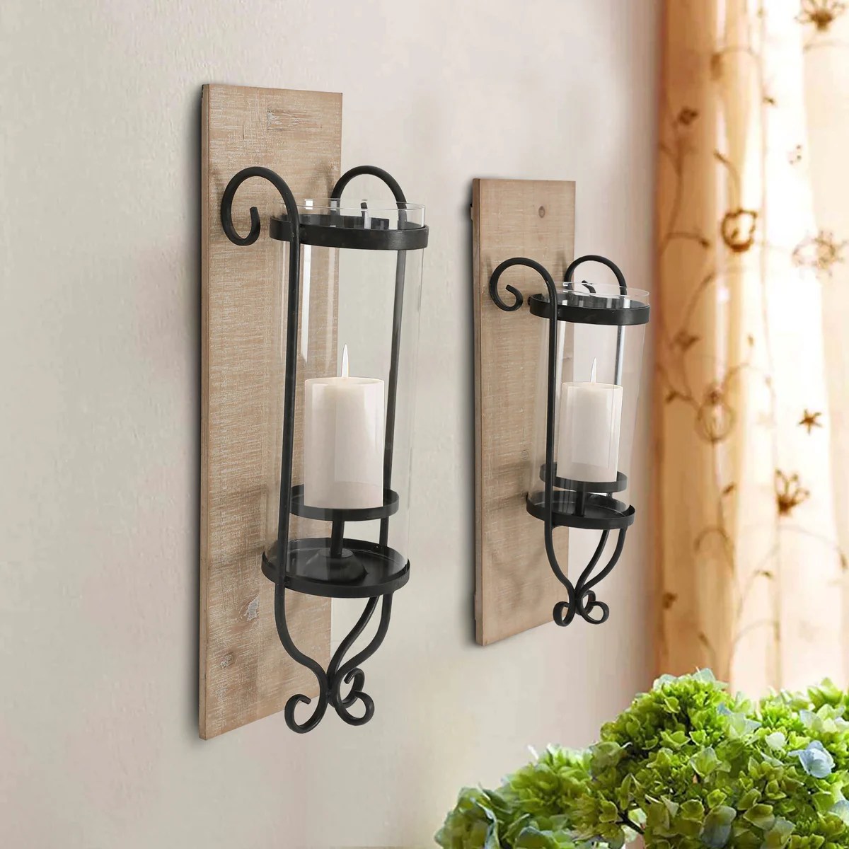 Industrial Wall Mount Hurricane Candle Holders Set of 2 - Black Wood & Glass - Rustic Farmhouse Decor - Modern Candle Lantern - 2 Sizes