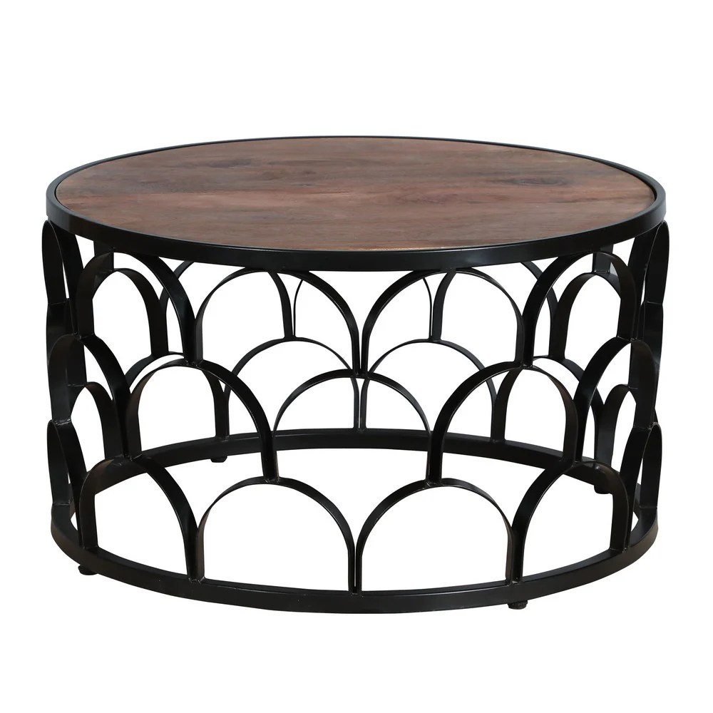 Dex 32" Round Mango Wood Coffee Table with Black Metal Lattice Frame - Modern Living Room Furniture