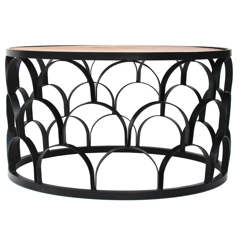 Dex 32" Round Mango Wood Coffee Table with Black Metal Lattice Frame - Modern Living Room Furniture