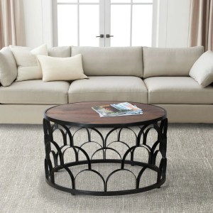 Dex 32" Round Mango Wood Coffee Table with Black Metal Lattice Frame - Modern Living Room Furniture