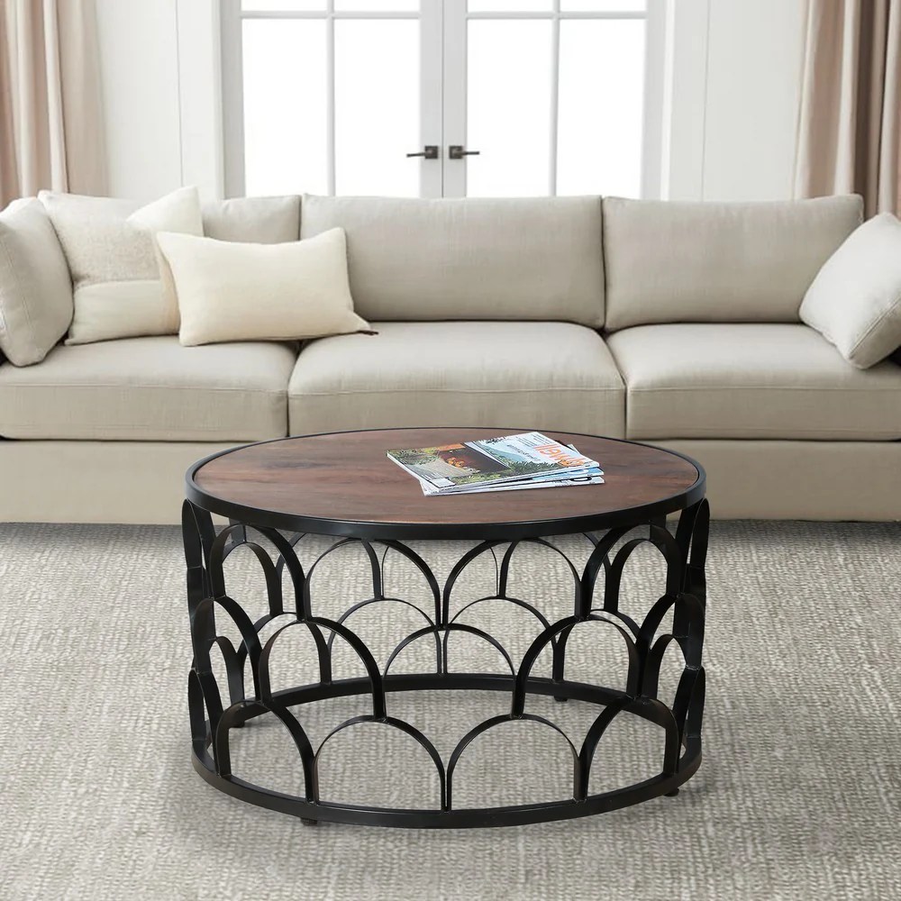 Dex 32" Round Mango Wood Coffee Table with Black Metal Lattice Frame - Modern Living Room Furniture