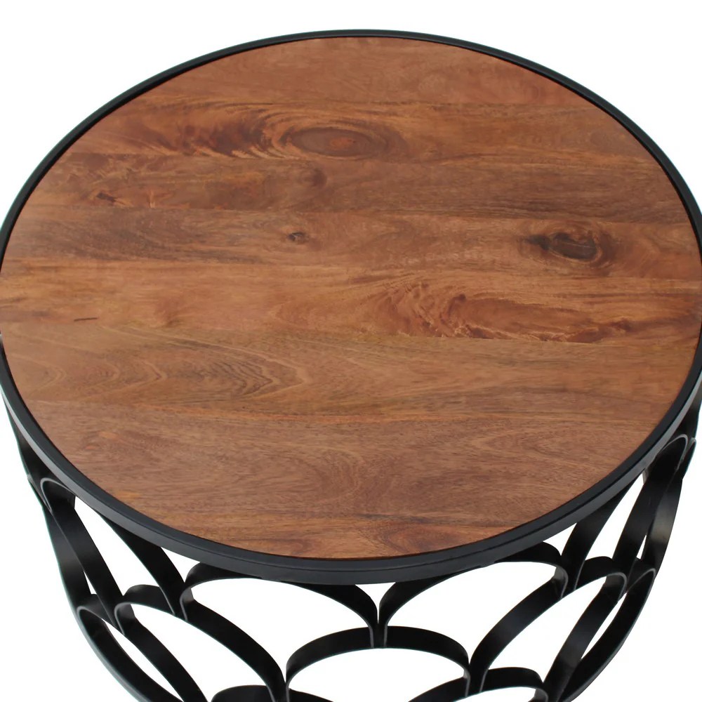 Dex 32" Round Mango Wood Coffee Table with Black Metal Lattice Frame - Modern Living Room Furniture