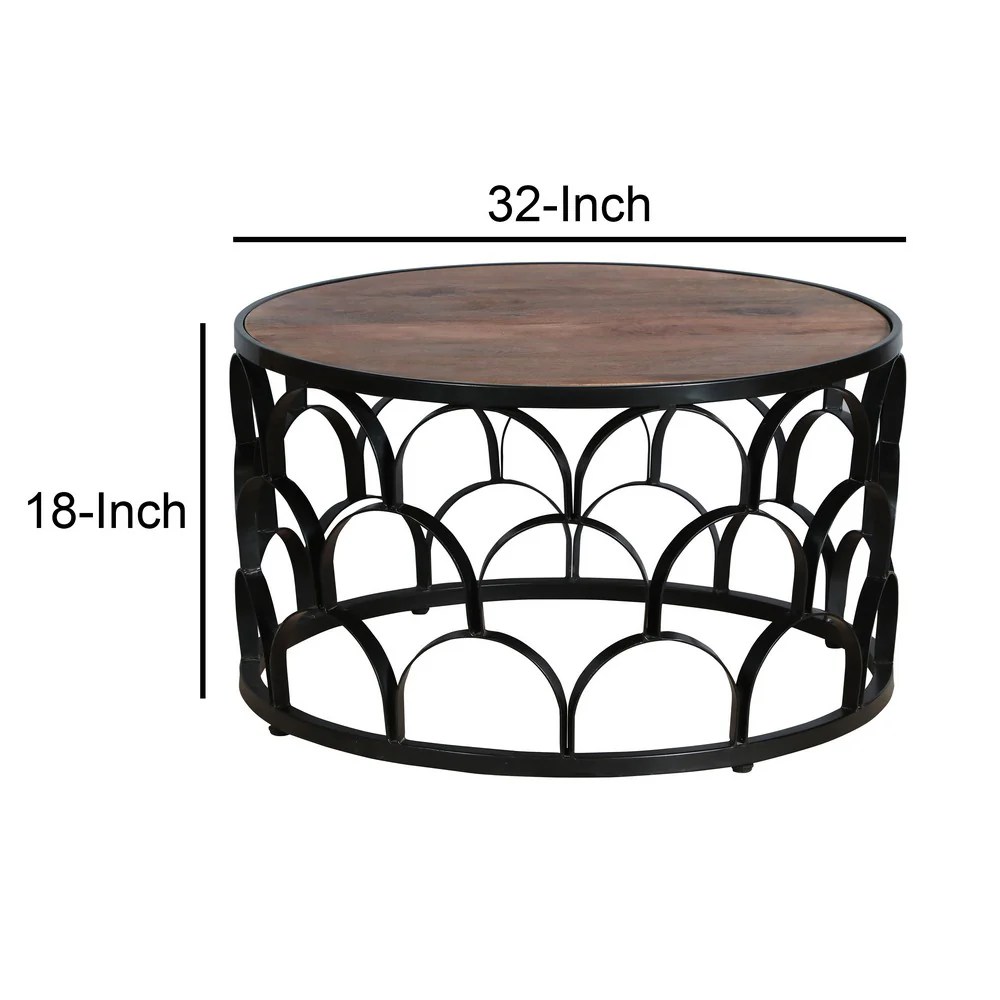 Dex 32" Round Mango Wood Coffee Table with Black Metal Lattice Frame - Modern Living Room Furniture