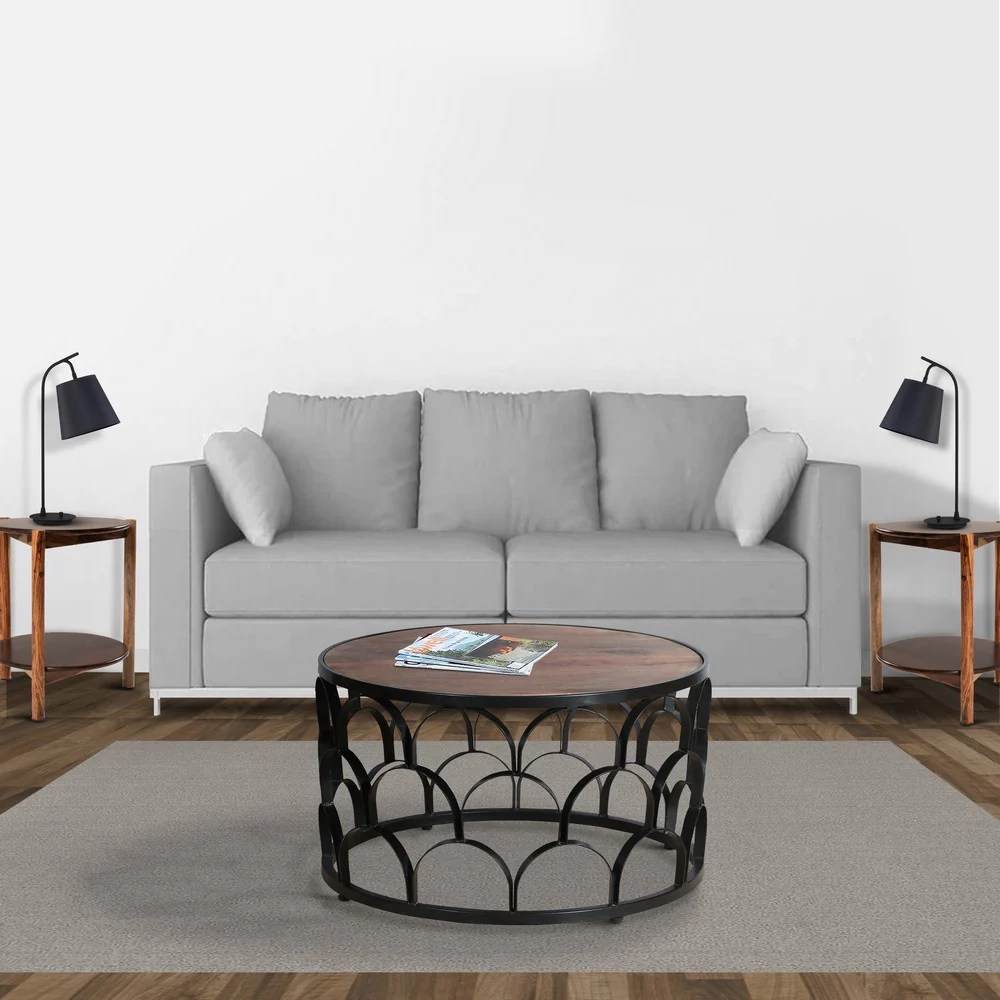 Dex 32" Round Mango Wood Coffee Table with Black Metal Lattice Frame - Modern Living Room Furniture