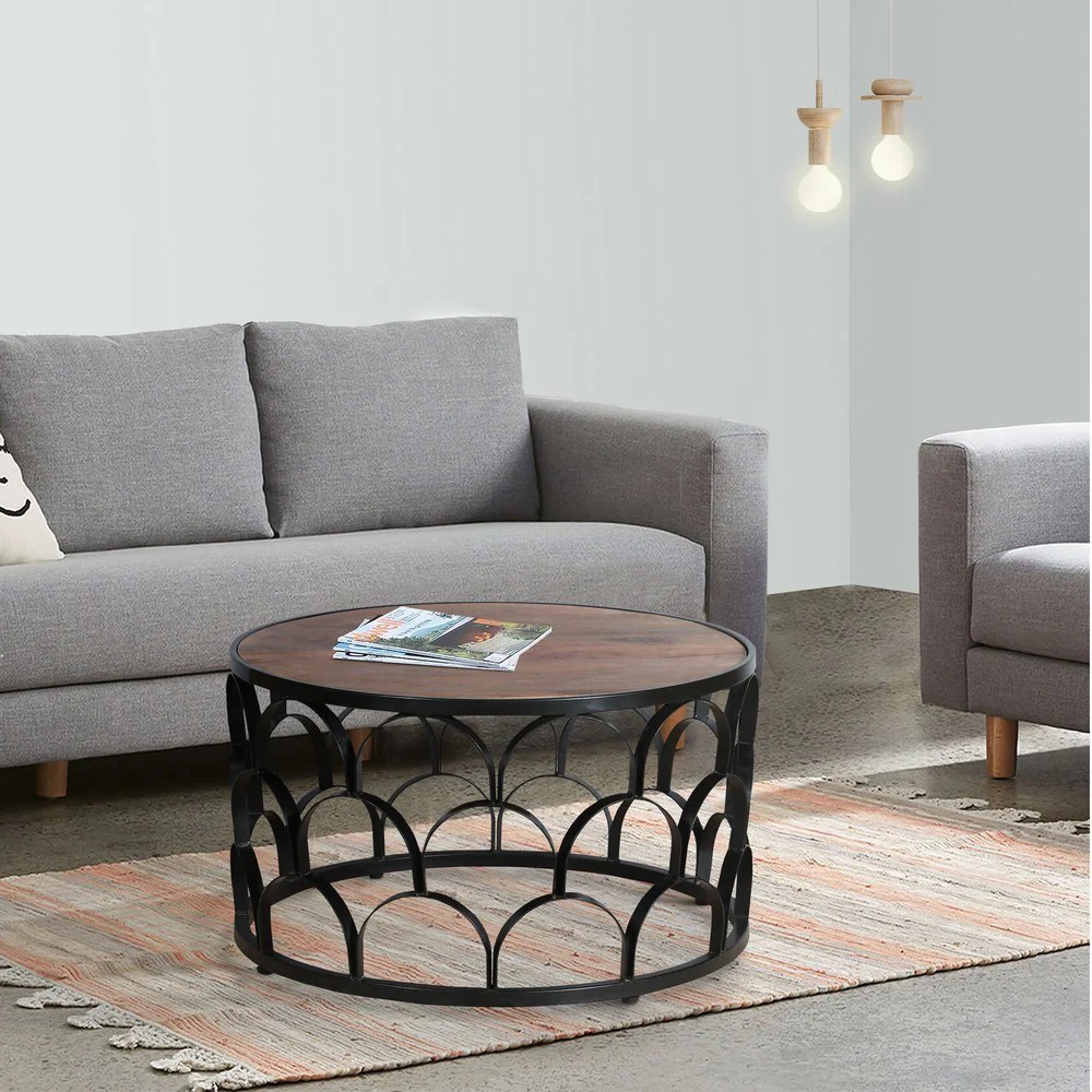 Dex 32" Round Mango Wood Coffee Table with Black Metal Lattice Frame - Modern Living Room Furniture