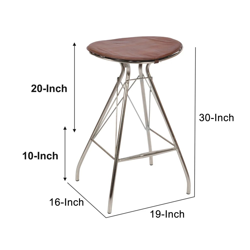 30 Inch Brown Leather Bar Stool, Metal Frame, Silver, Counter Height, Modern, Industrial, Kitchen Dining