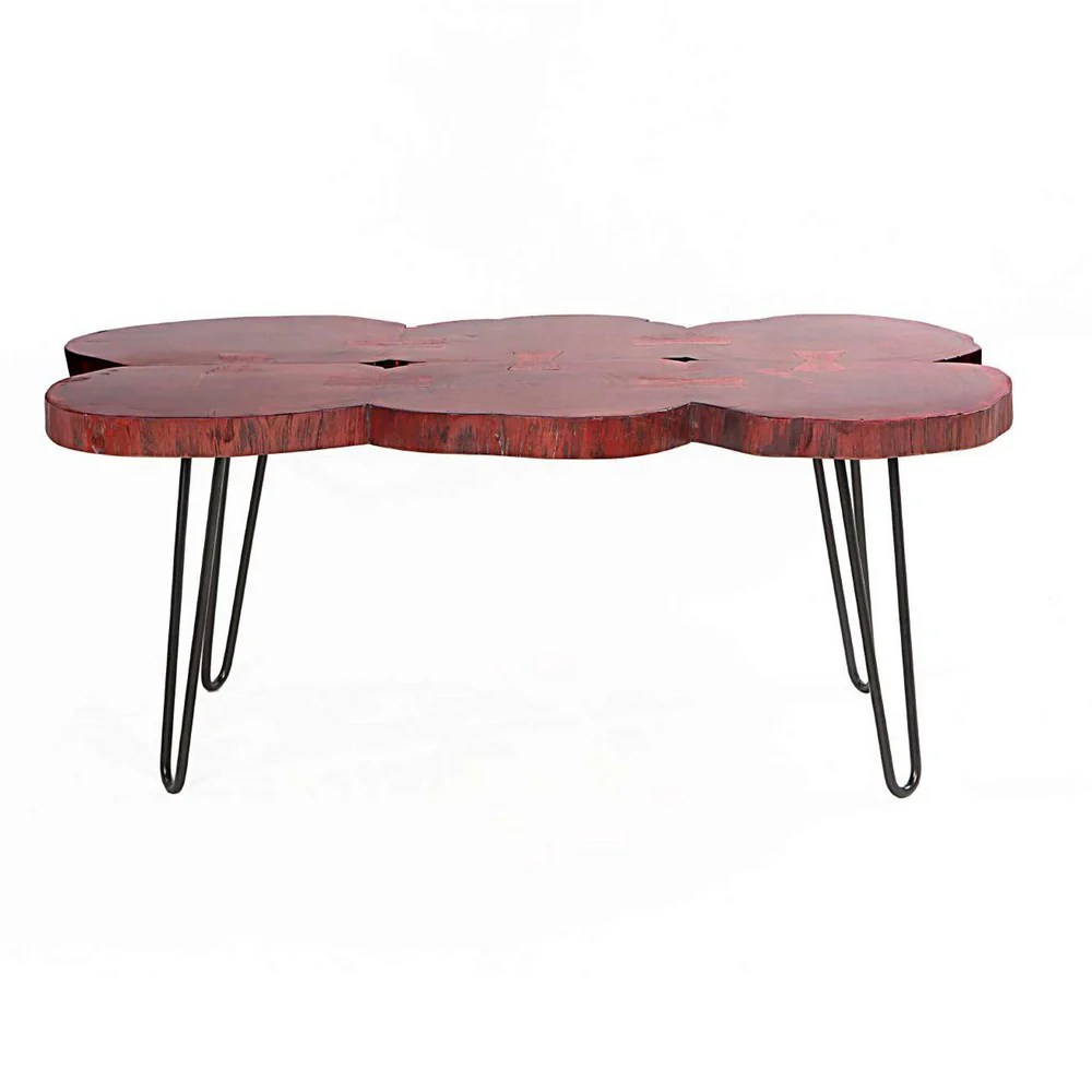 44 Inch Acacia Wood Coffee Table, Quatrefoil Live Edge, Iron Hairpin Legs, Walnut Brown & Black, Rustic Farmhouse Style
