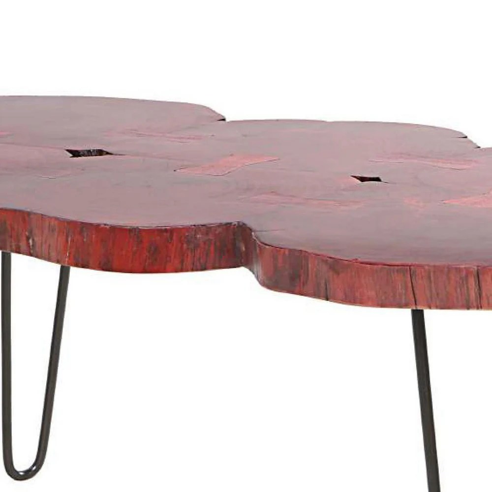 44 Inch Acacia Wood Coffee Table, Quatrefoil Live Edge, Iron Hairpin Legs, Walnut Brown & Black, Rustic Farmhouse Style