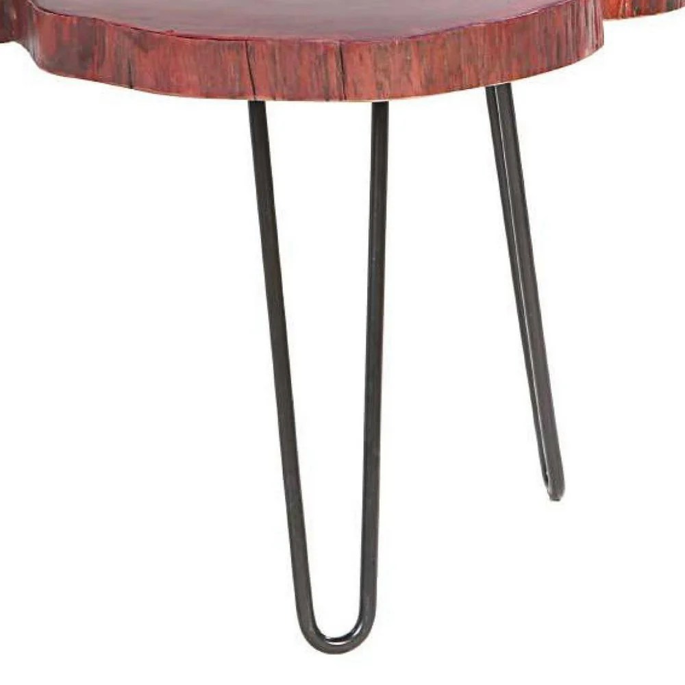 44 Inch Acacia Wood Coffee Table, Quatrefoil Live Edge, Iron Hairpin Legs, Walnut Brown & Black, Rustic Farmhouse Style