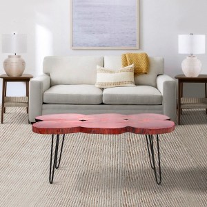 44 Inch Acacia Wood Coffee Table, Quatrefoil Live Edge, Iron Hairpin Legs, Walnut Brown & Black, Rustic Farmhouse Style
