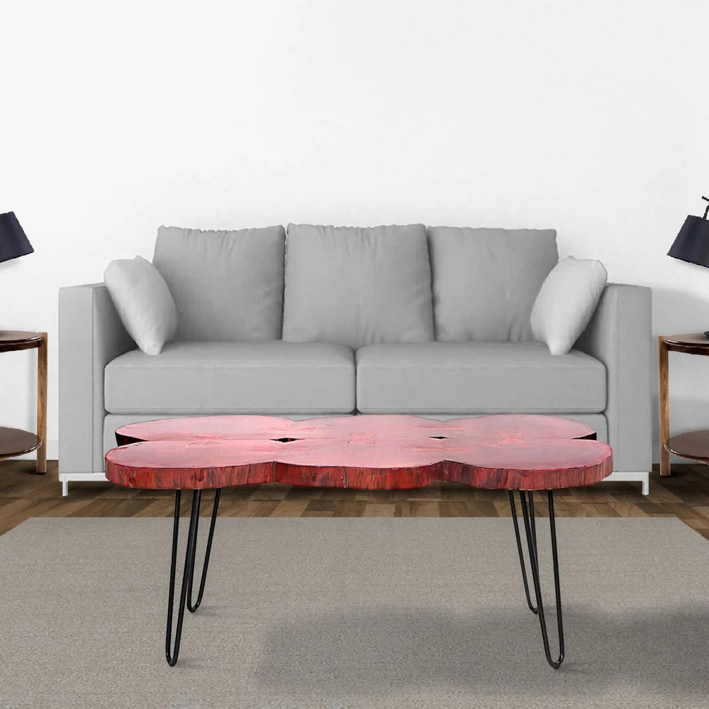 44 Inch Acacia Wood Coffee Table, Quatrefoil Live Edge, Iron Hairpin Legs, Walnut Brown & Black, Rustic Farmhouse Style