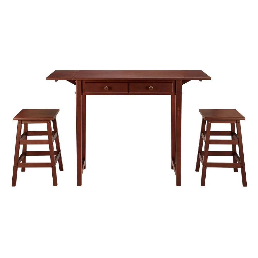 Walnut Brown 3-Piece Wooden Breakfast Table Set with Drop Leaf, 2 Stools & Drawers - Kitchen Dining Furniture