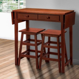 Walnut Brown 3-Piece Wooden Breakfast Table Set with Drop Leaf, 2 Stools & Drawers - Kitchen Dining Furniture