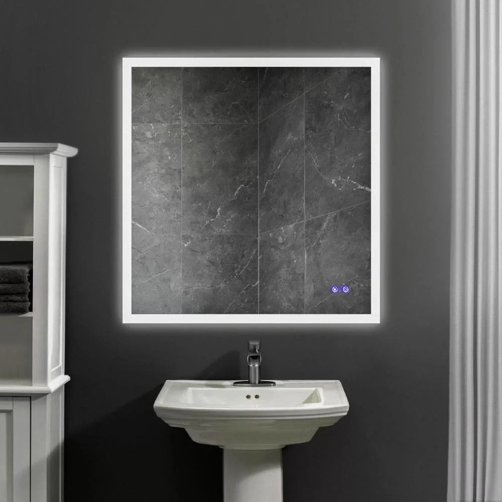 36x36 Inch Frameless LED Illuminated Bathroom Mirror with Defogger - Touch Sensor, Dimmable, Silver Aluminum, Square, Contemporary