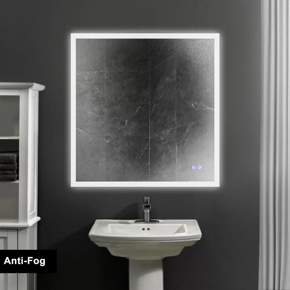 36x36 Inch Frameless LED Illuminated Bathroom Mirror with Defogger - Touch Sensor, Dimmable, Silver Aluminum, Square, Contemporary