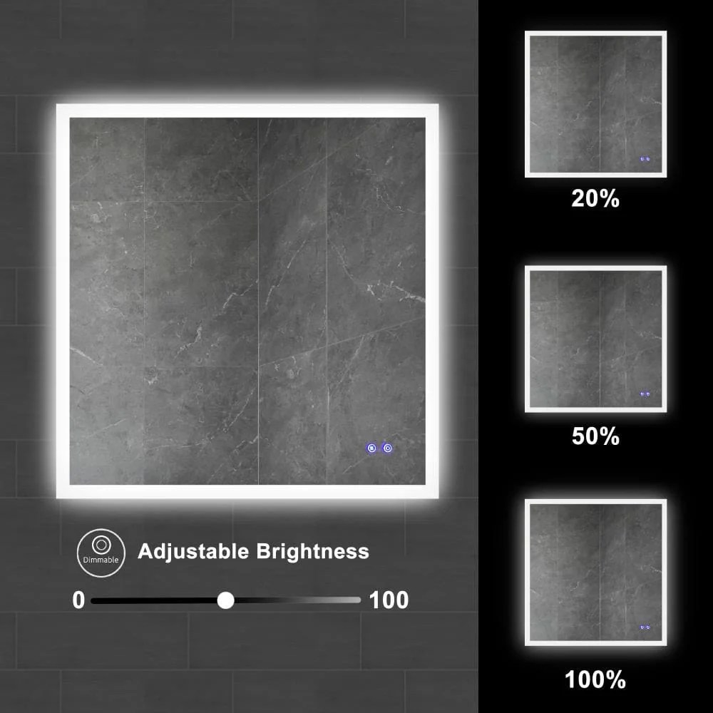 36x36 Inch Frameless LED Illuminated Bathroom Mirror with Defogger - Touch Sensor, Dimmable, Silver Aluminum, Square, Contemporary