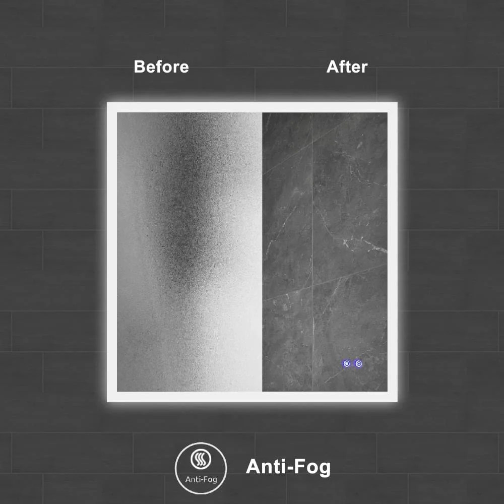 36x36 Inch Frameless LED Illuminated Bathroom Mirror with Defogger - Touch Sensor, Dimmable, Silver Aluminum, Square, Contemporary