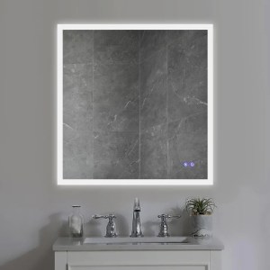 36x36 Inch Frameless LED Illuminated Bathroom Mirror with Defogger - Touch Sensor, Dimmable, Silver Aluminum, Square, Contemporary