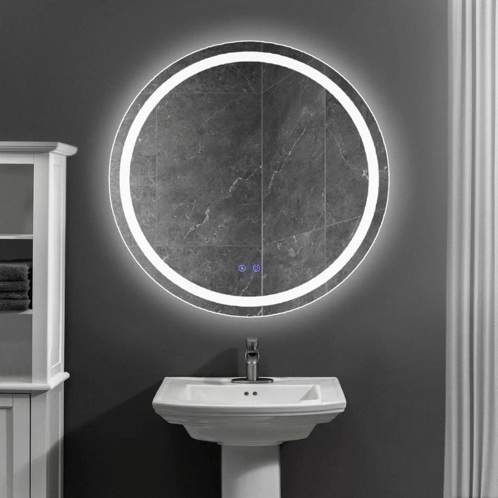 32 Inch Round LED Bathroom Mirror with Defogger, Touch Sensor, Silver Frame, Illuminated, Frameless