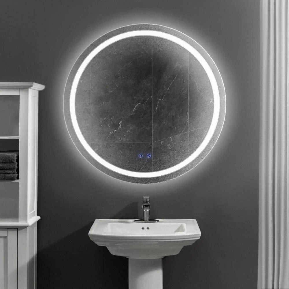 32 Inch Round LED Bathroom Mirror with Defogger, Touch Sensor, Silver Frame, Illuminated, Frameless