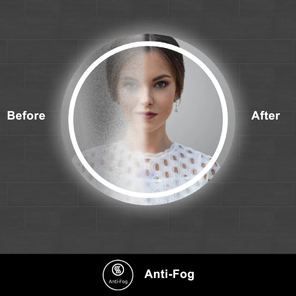 32 Inch Round LED Bathroom Mirror with Defogger, Touch Sensor, Silver Frame, Illuminated, Frameless