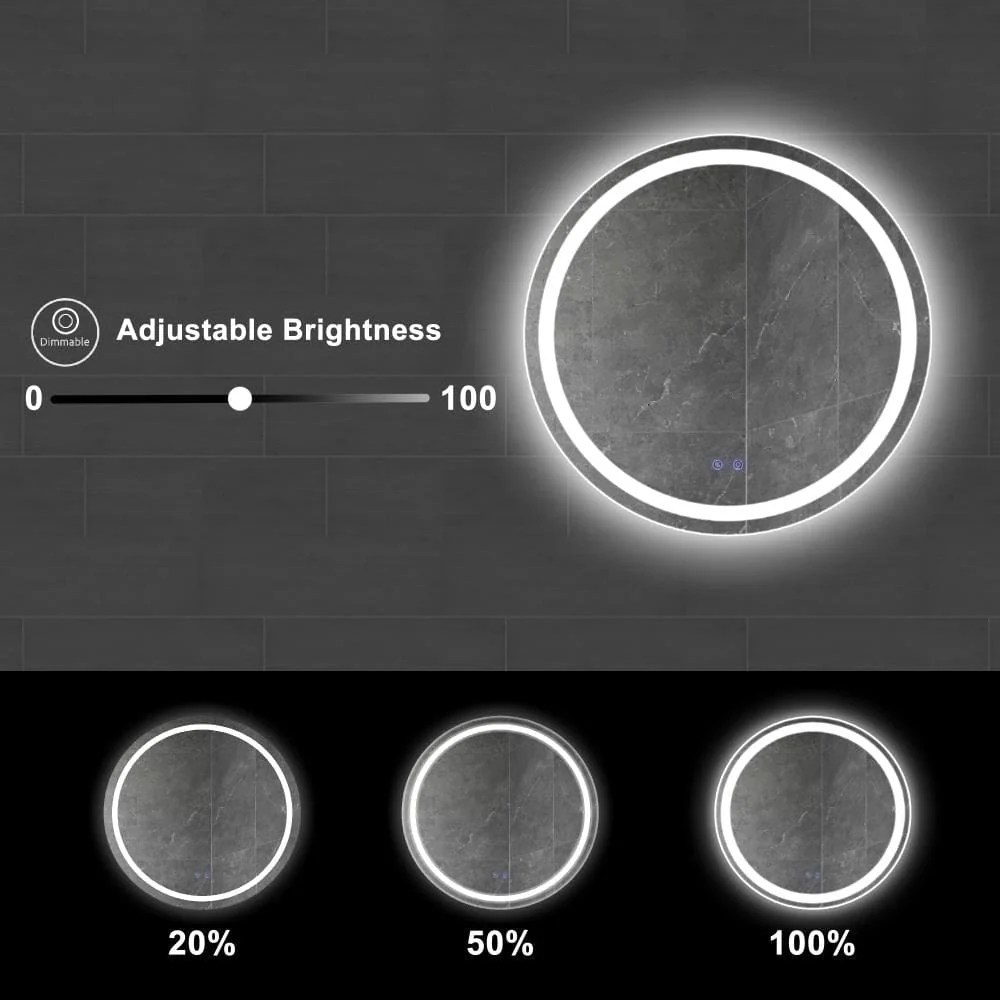 32 Inch Round LED Bathroom Mirror with Defogger, Touch Sensor, Silver Frame, Illuminated, Frameless