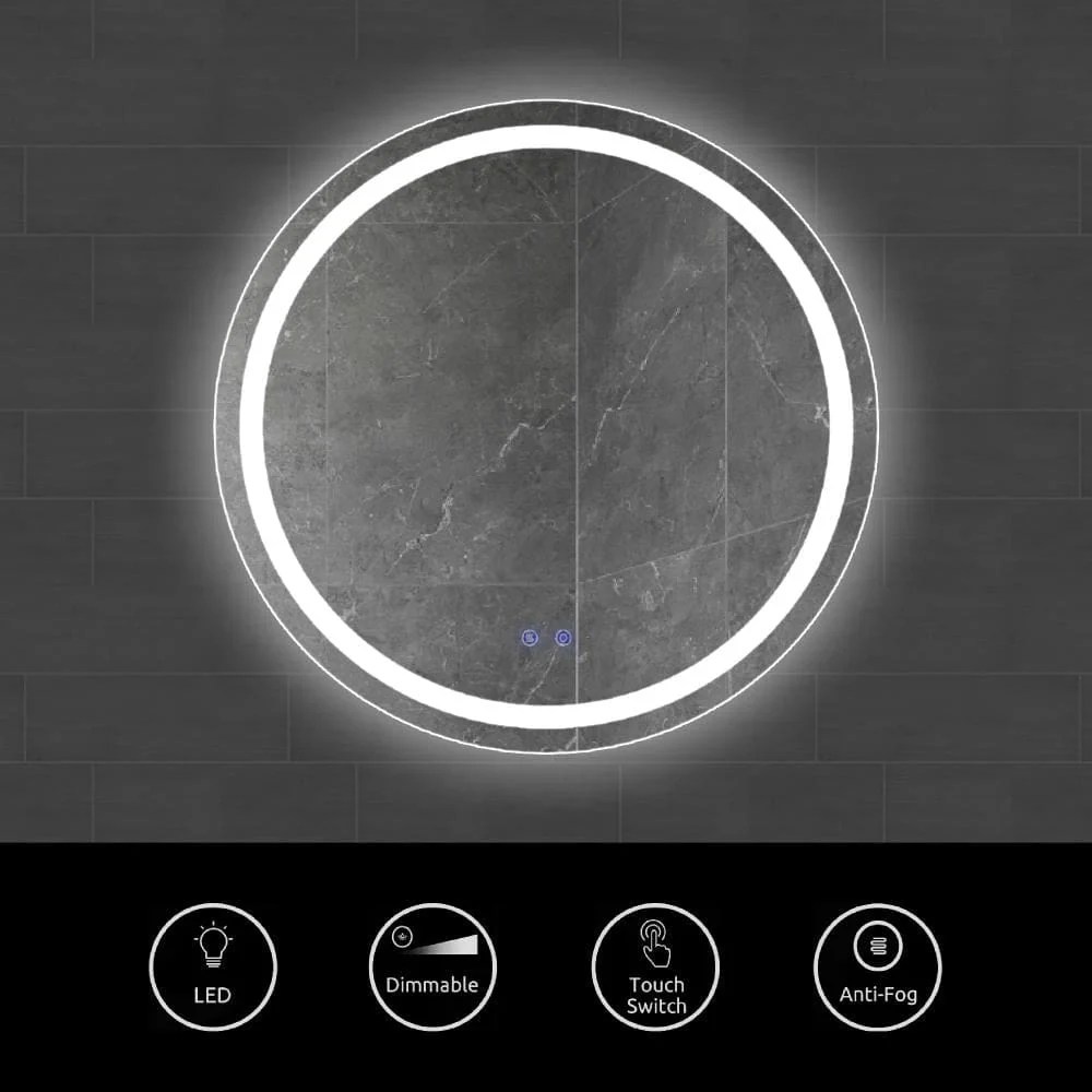 32 Inch Round LED Bathroom Mirror with Defogger, Touch Sensor, Silver Frame, Illuminated, Frameless