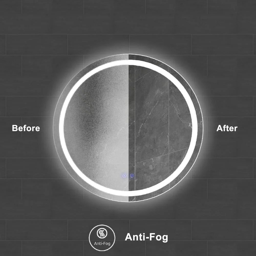32 Inch Round LED Bathroom Mirror with Defogger, Touch Sensor, Silver Frame, Illuminated, Frameless