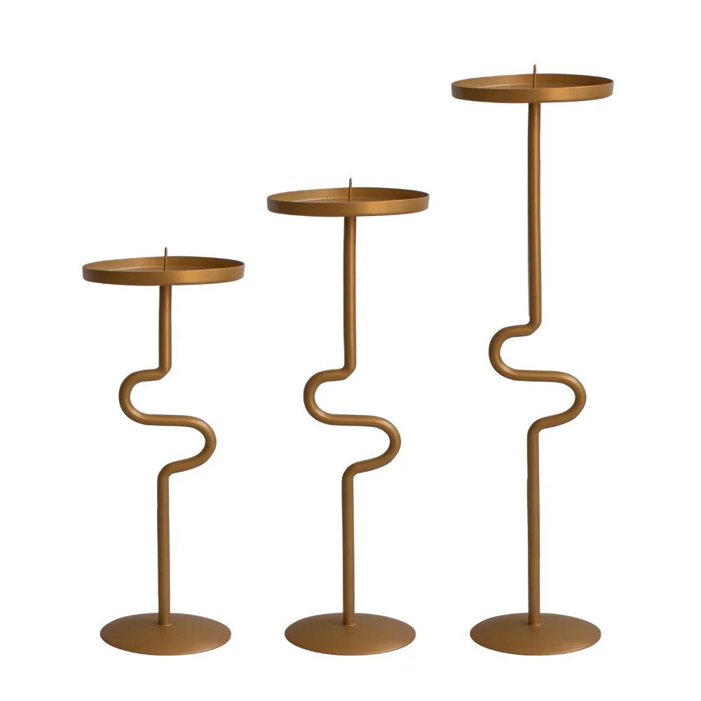 Matte Gold Metal Candle Holders Set of 3, S Shaped Candle Stands, Vintage Iron, Decorative Accessories, Tall Candlestick Holders