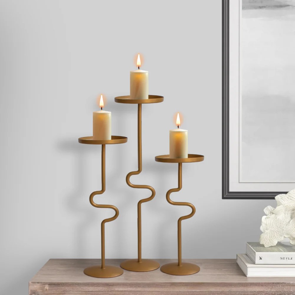 Matte Gold Metal Candle Holders Set of 3, S Shaped Candle Stands, Vintage Iron, Decorative Accessories, Tall Candlestick Holders