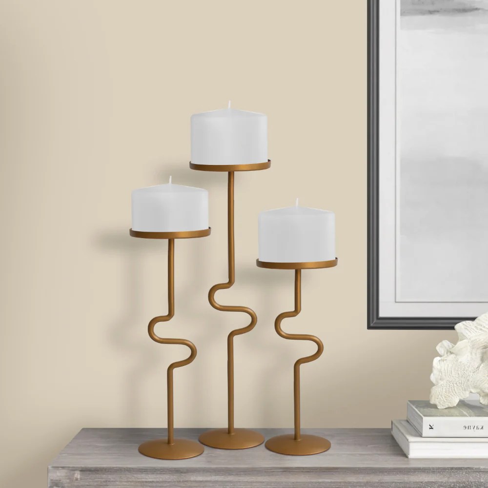 Matte Gold Metal Candle Holders Set of 3, S Shaped Candle Stands, Vintage Iron, Decorative Accessories, Tall Candlestick Holders