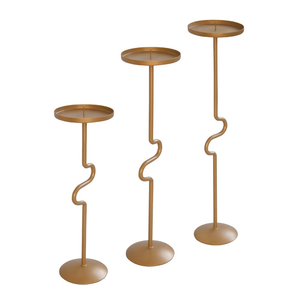 Matte Gold Metal Candle Holders Set of 3, S Shaped Candle Stands, Vintage Iron, Decorative Accessories, Tall Candlestick Holders