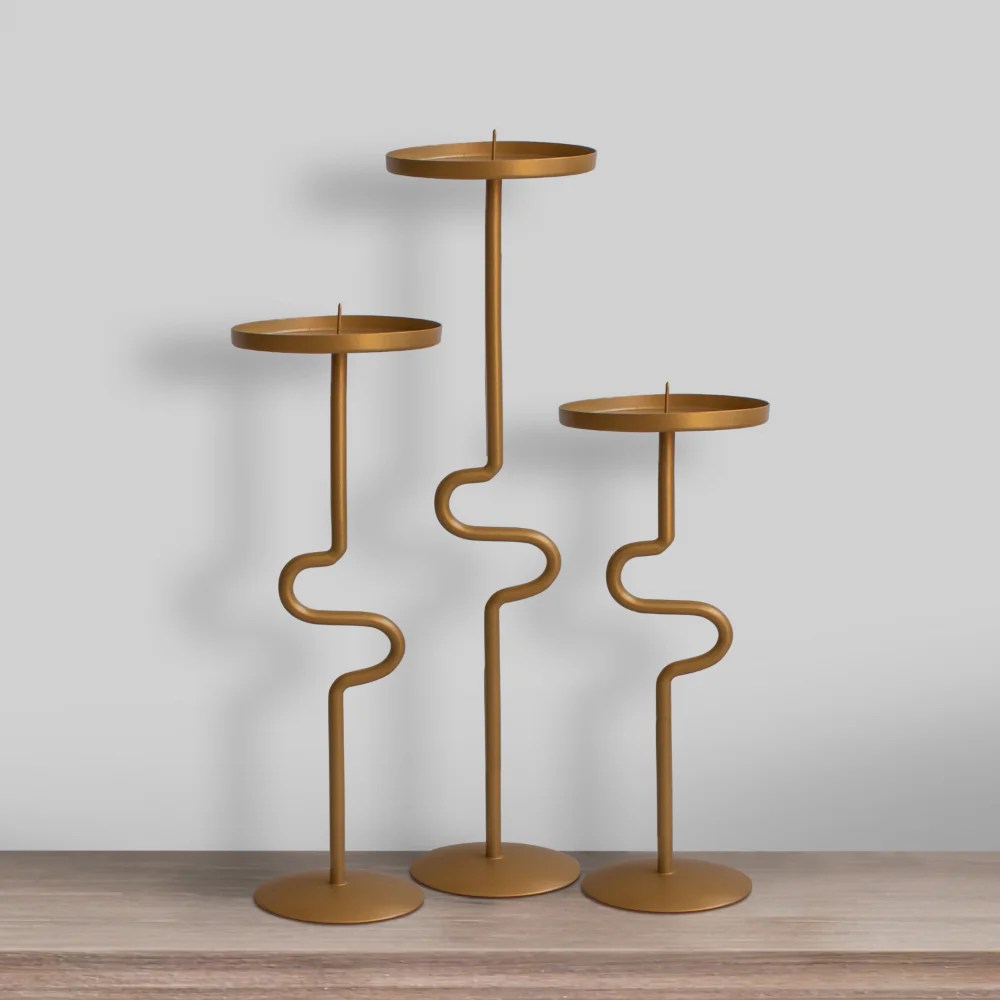 Matte Gold Metal Candle Holders Set of 3, S Shaped Candle Stands, Vintage Iron, Decorative Accessories, Tall Candlestick Holders