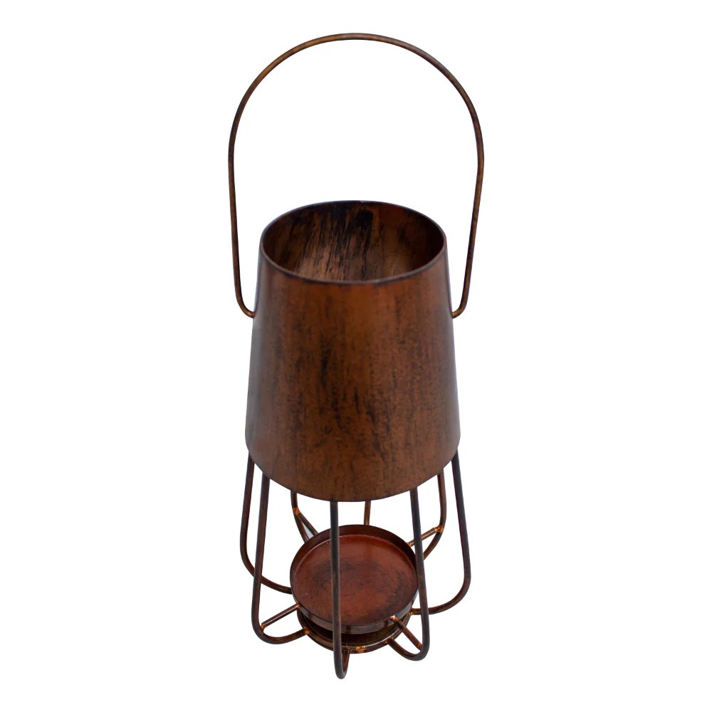 Rustic Bronze Iron Candle Lantern - 12 Inch Vintage Style Tealight Holder with Handle - Farmhouse Decor Tabletop & Hanging Lantern