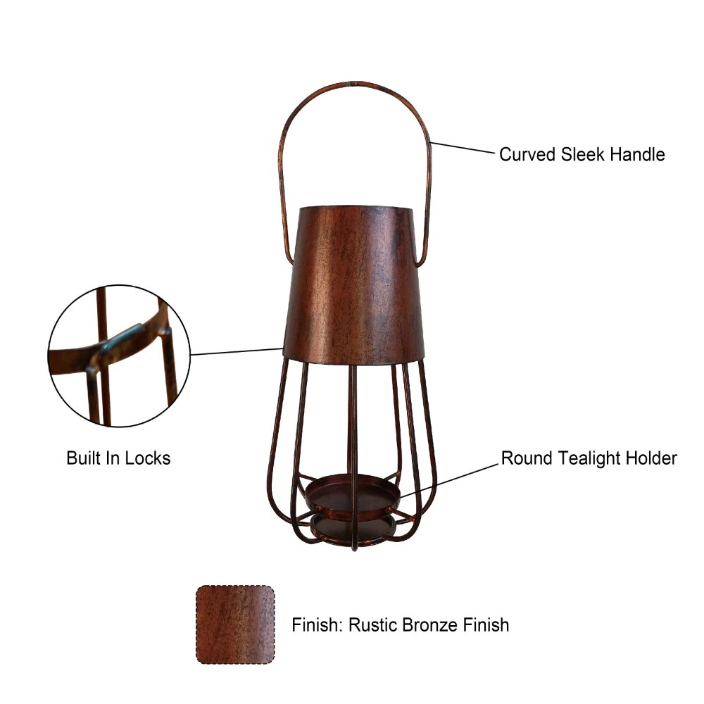 Rustic Bronze Iron Candle Lantern - 12 Inch Vintage Style Tealight Holder with Handle - Farmhouse Decor Tabletop & Hanging Lantern