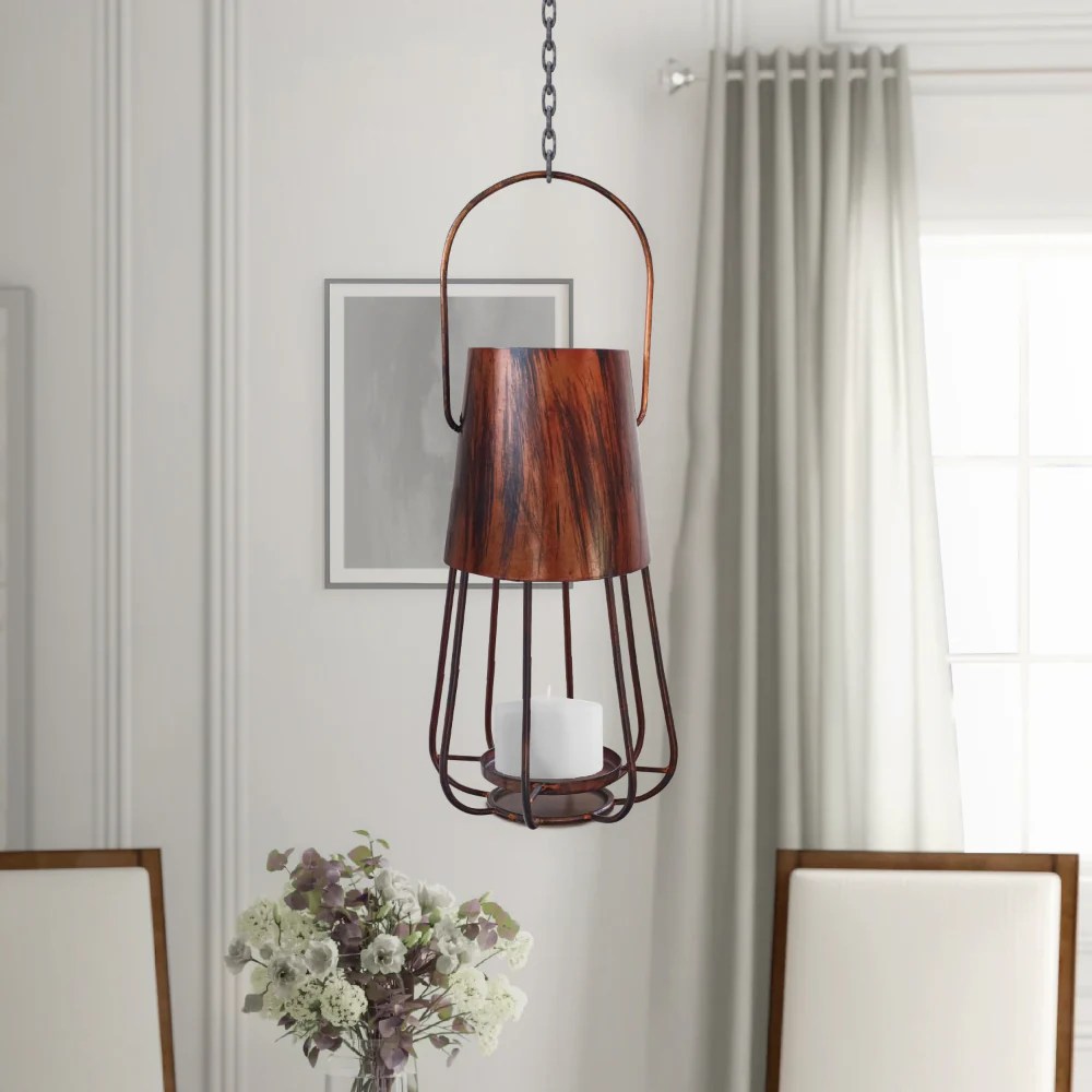 Rustic Bronze Iron Candle Lantern - 12 Inch Vintage Style Tealight Holder with Handle - Farmhouse Decor Tabletop & Hanging Lantern