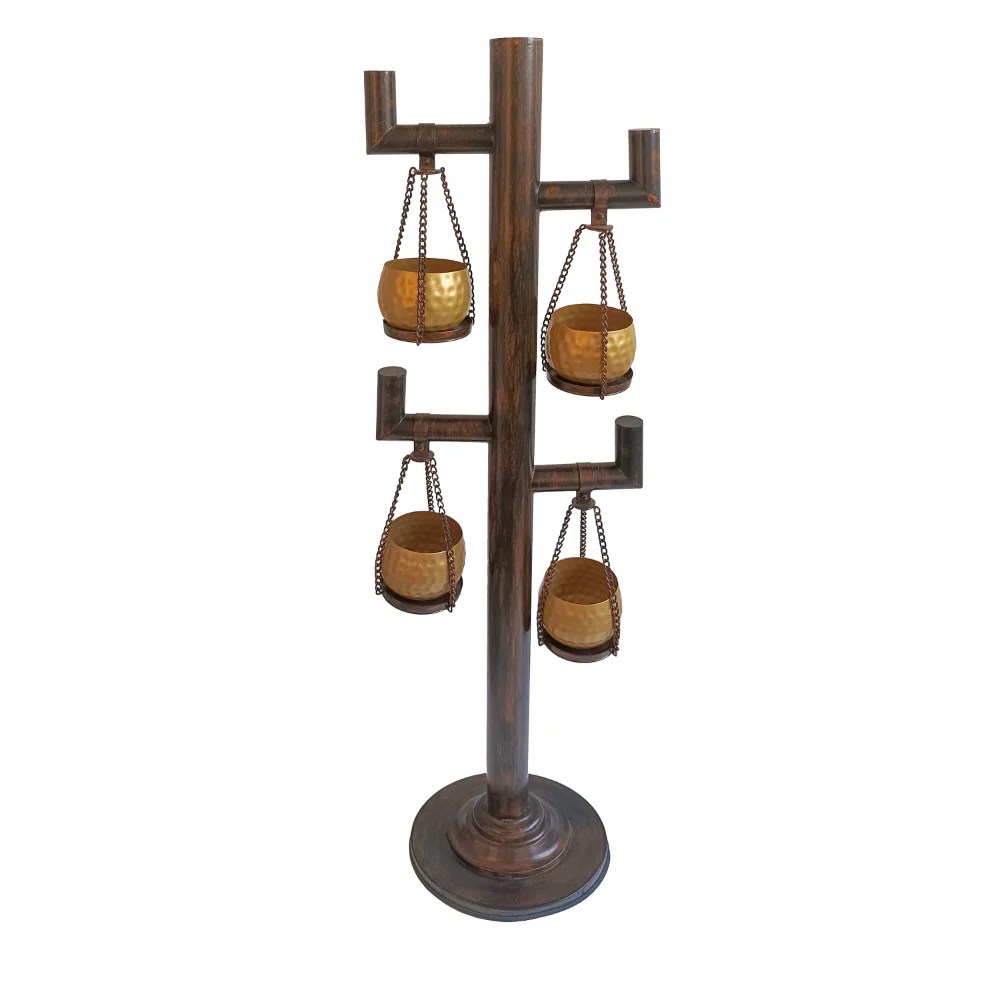 52 Inch Tall 4-Tier Hanging Planter Stand - Antique Bronze & Gold Iron Plant Stand with 4 Pots, 12" Base, Stable & Durable