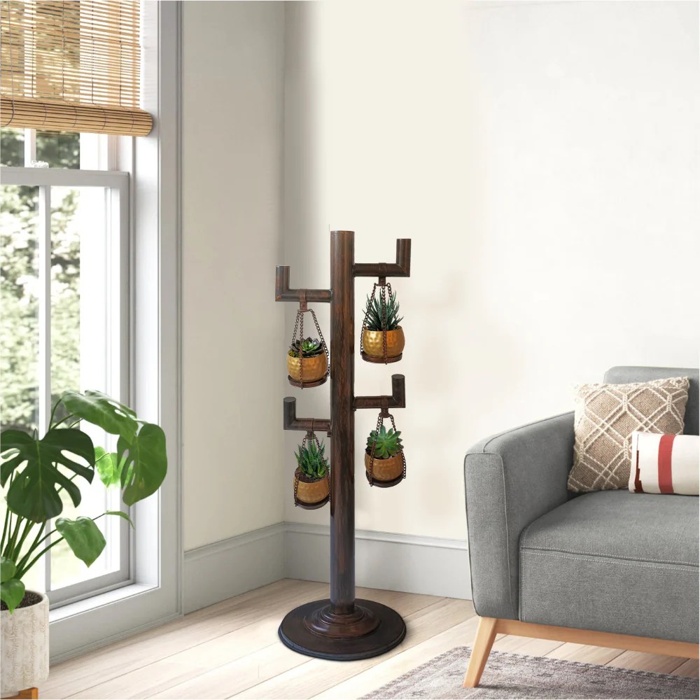 52 Inch Tall 4-Tier Hanging Planter Stand - Antique Bronze & Gold Iron Plant Stand with 4 Pots, 12" Base, Stable & Durable