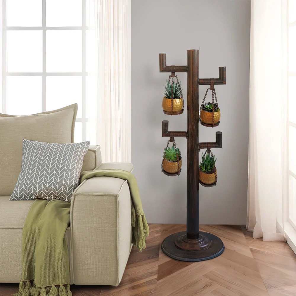 52 Inch Tall 4-Tier Hanging Planter Stand - Antique Bronze & Gold Iron Plant Stand with 4 Pots, 12" Base, Stable & Durable