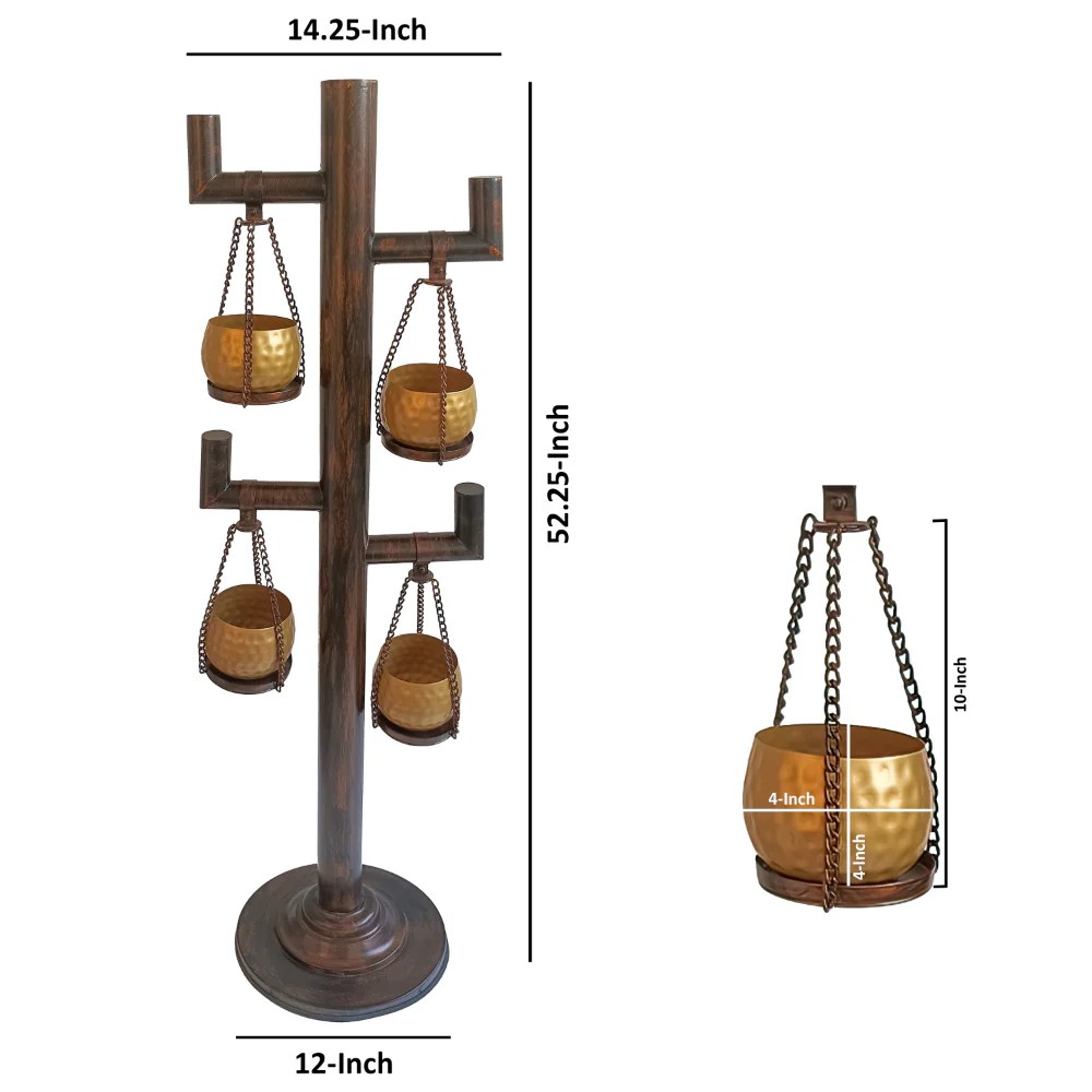 52 Inch Tall 4-Tier Hanging Planter Stand - Antique Bronze & Gold Iron Plant Stand with 4 Pots, 12" Base, Stable & Durable