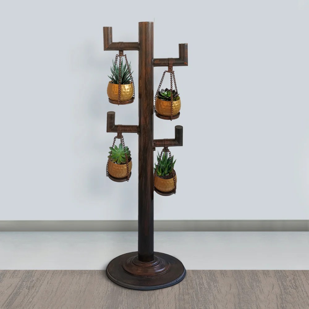 52 Inch Tall 4-Tier Hanging Planter Stand - Antique Bronze & Gold Iron Plant Stand with 4 Pots, 12" Base, Stable & Durable
