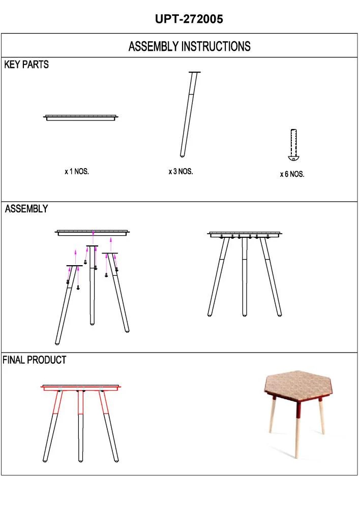 UPT-272005-Assembly-Instructions Hexagonal Side Table, Brown & Red, Modern, Birch Wood