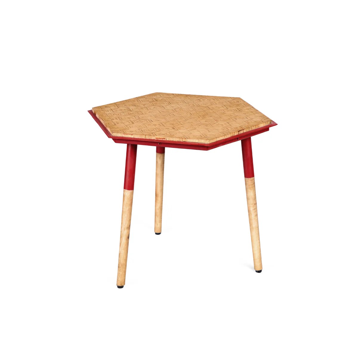 Hexagonal Side Table, Brown & Red, Modern, Birch Wood