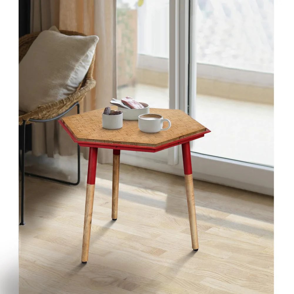 Hexagonal Side Table, Brown & Red, Modern, Birch Wood