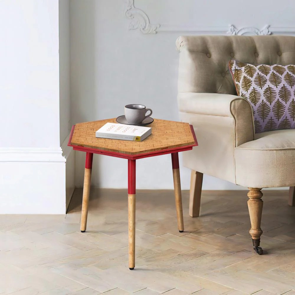 Hexagonal Side Table, Brown & Red, Modern, Birch Wood