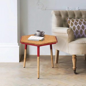 Hexagonal Side Table, Brown & Red, Modern, Birch Wood