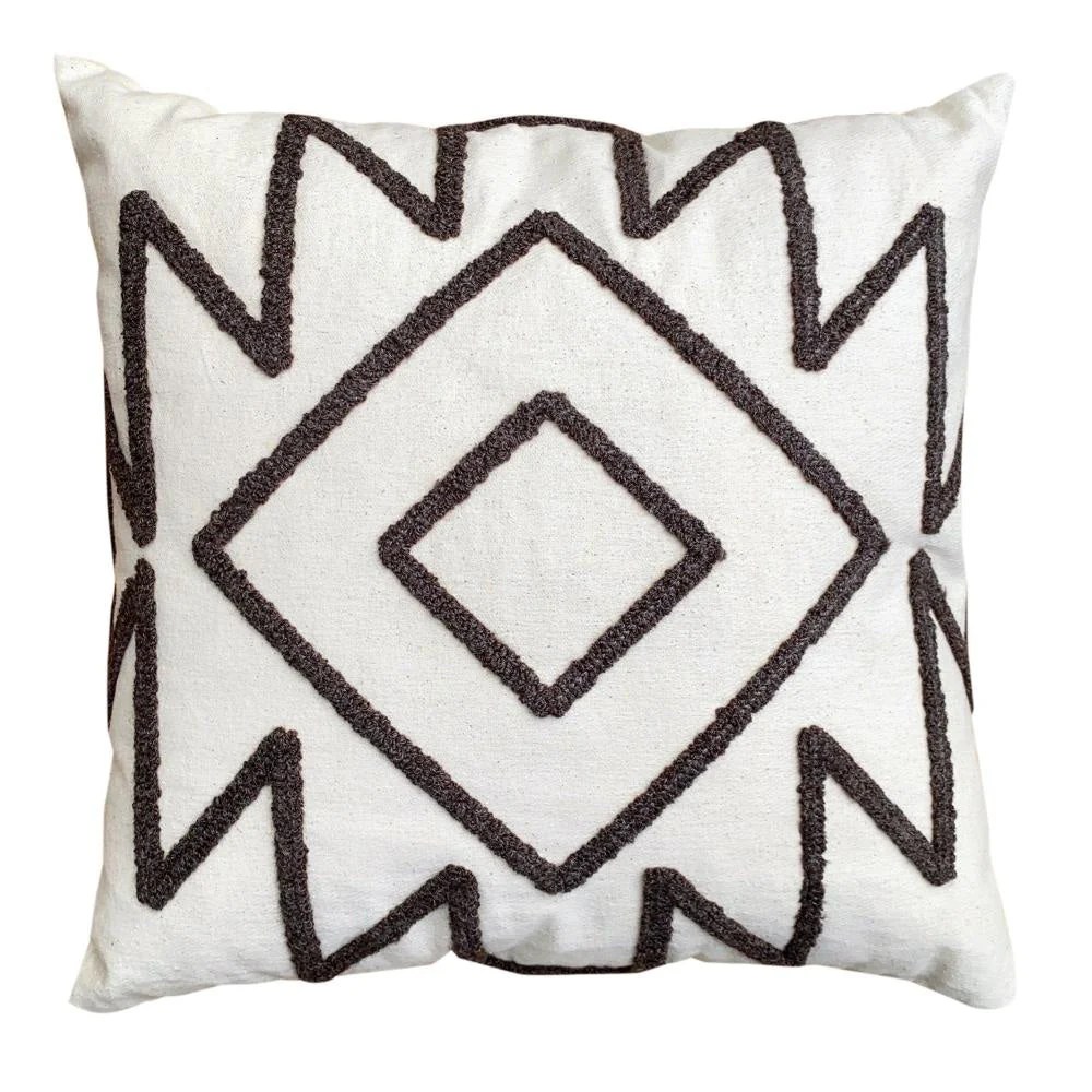 Aztec Geometric Throw Pillow Set, 17x17 Inch, Cotton, Hand-Embroidered, Square, Gray & White, 2 Pack