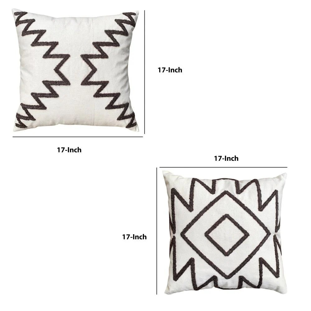 Aztec Geometric Throw Pillow Set, 17x17 Inch, Cotton, Hand-Embroidered, Square, Gray & White, 2 Pack