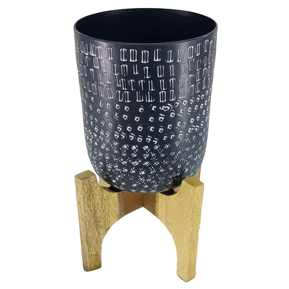 Alex 8" Round Metal Planter with Wood Stand - Industrial, Hammered, Blue, Succulent Pot, Indoor Outdoor Decor